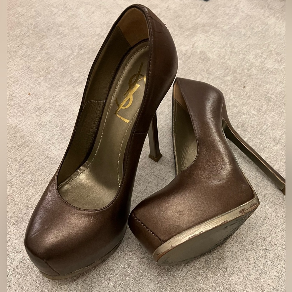 Saint Laurent Brown Leather Tribtoo Platform Pumps